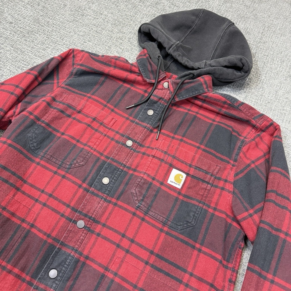 Carhartt Flannel‎ Hooded Shirt Jacket Mens M Red Plaid Snap TJ5621-M